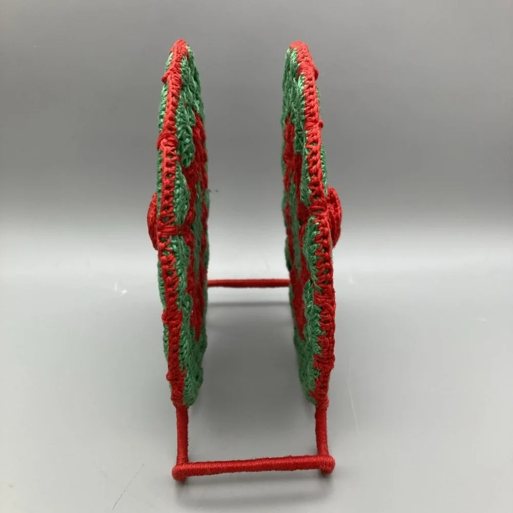 Vintage Crocheted Napkin Holder: Red And Green Metal Frame Round Floral Pattern